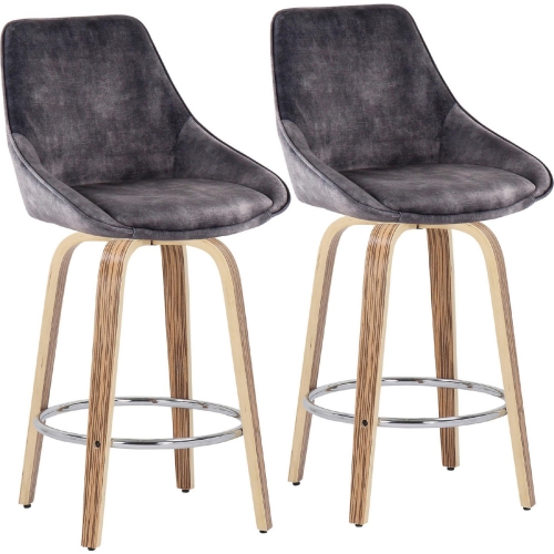 Diana 26" Counter Stool in Grey Velvet Fabric, Zebra Wood & Chrome (Set of 2)